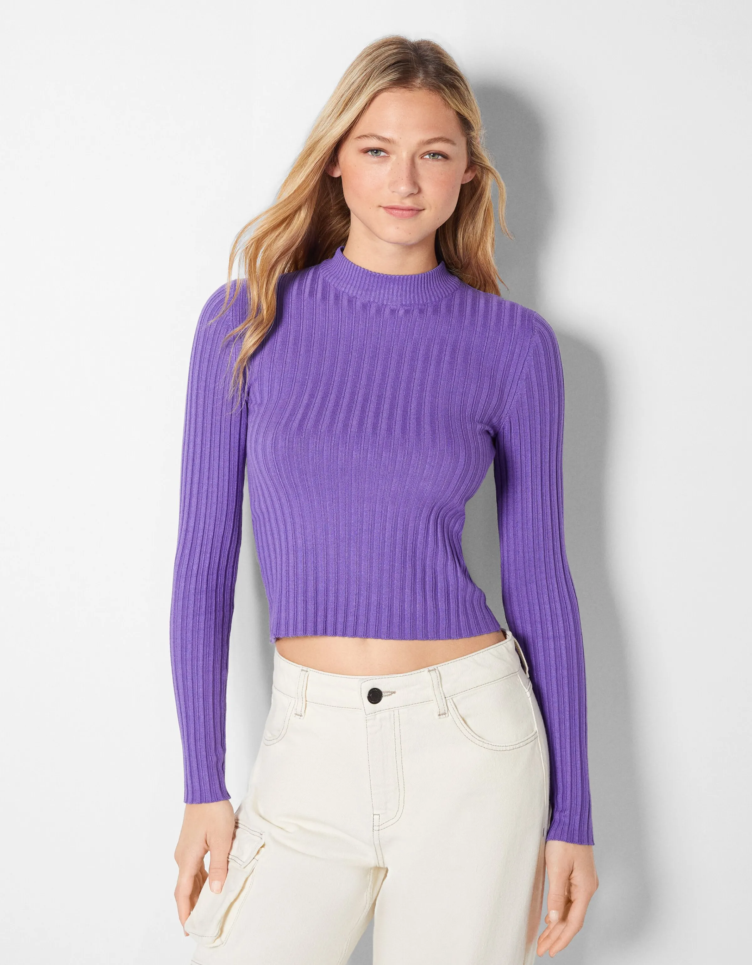 BERSHKA Jersey rib cuello alto Negro Outlet