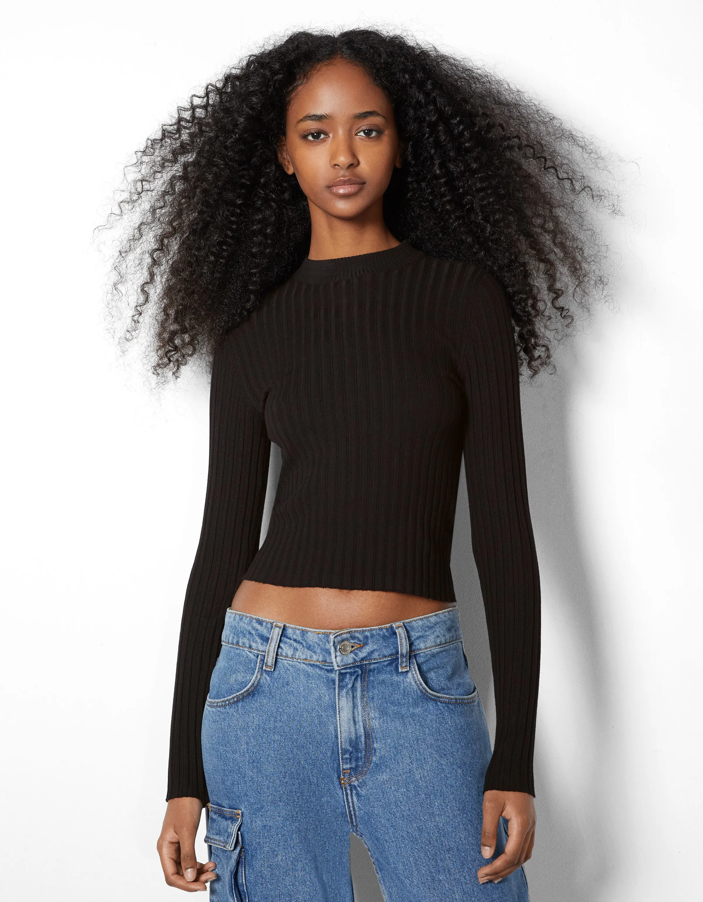 BERSHKA Jersey rib cuello alto Negro Best