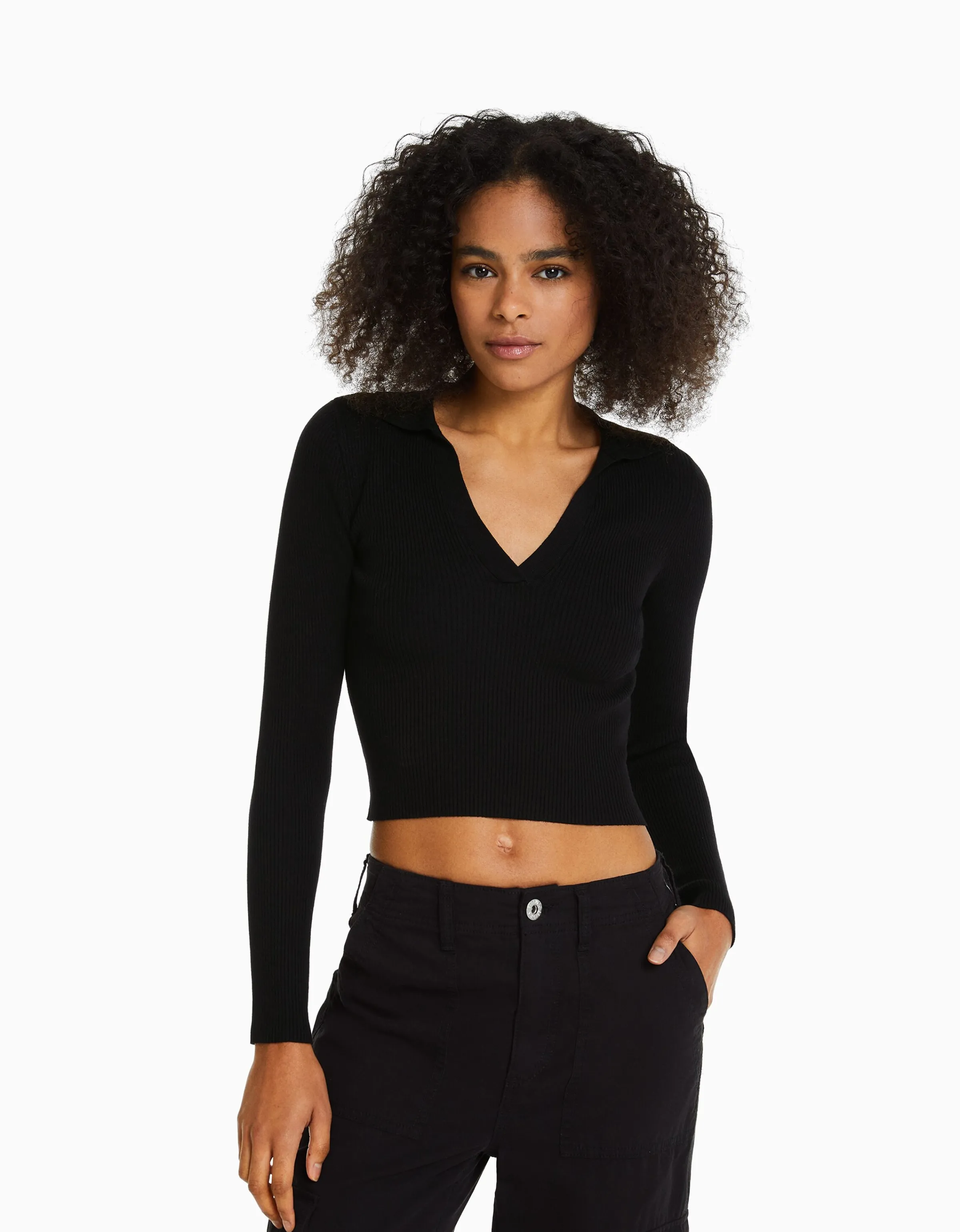 BERSHKA Jersey rib cuello polo Blanco Outlet
