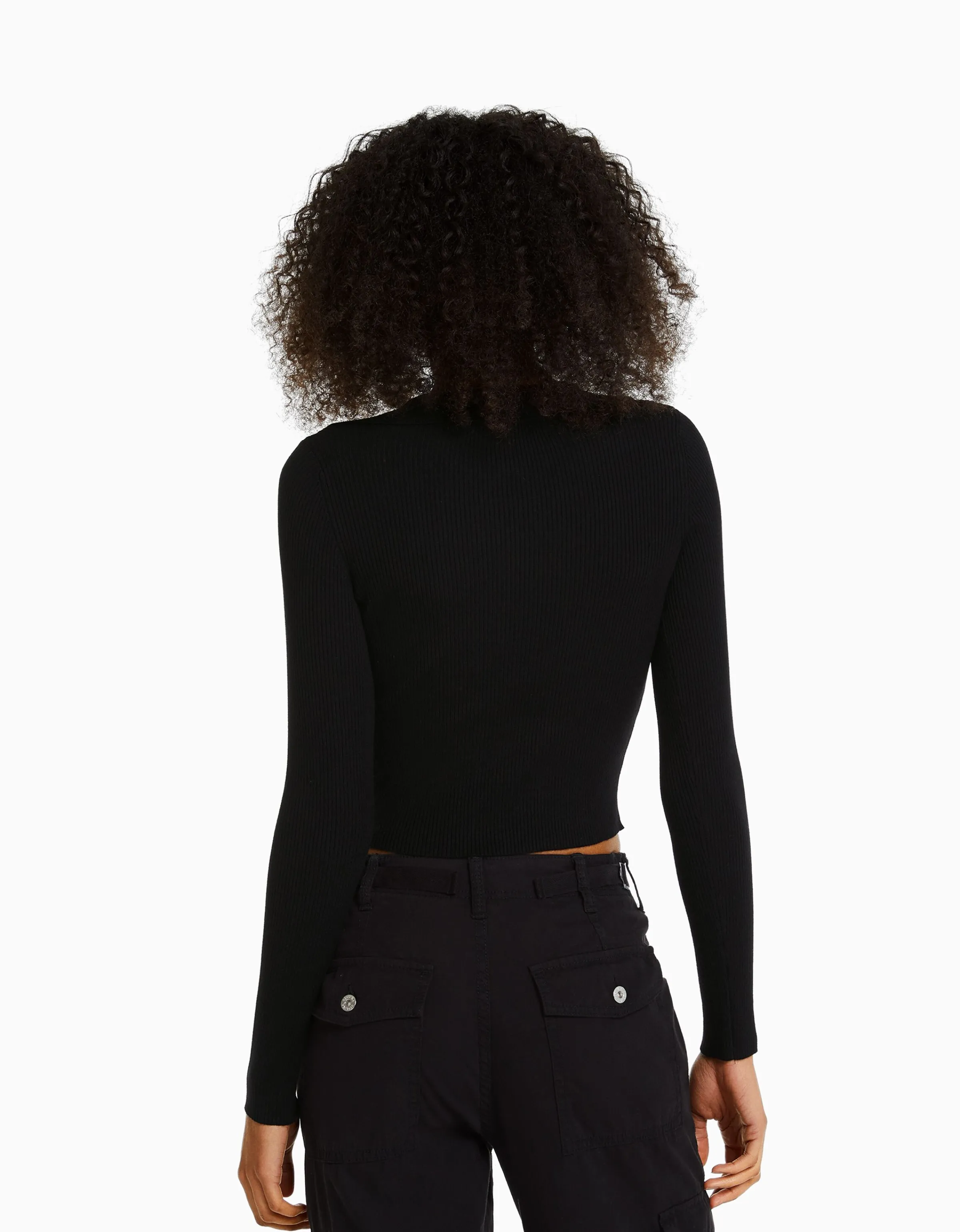 BERSHKA Jersey rib cuello polo Blanco Outlet