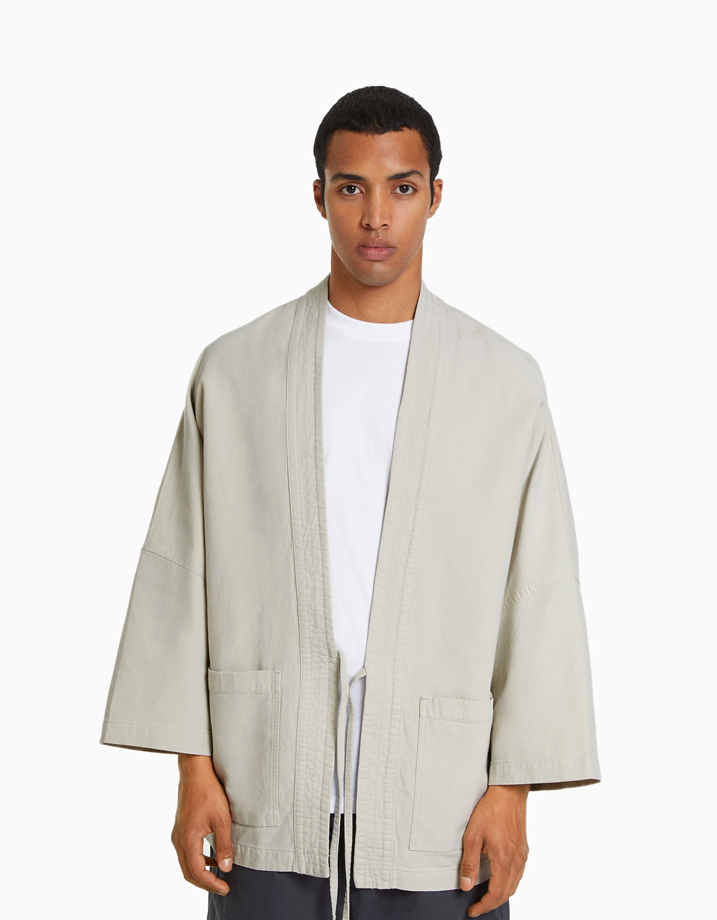 BERSHKA Kimono manga larga bolsillos Kaki Outlet