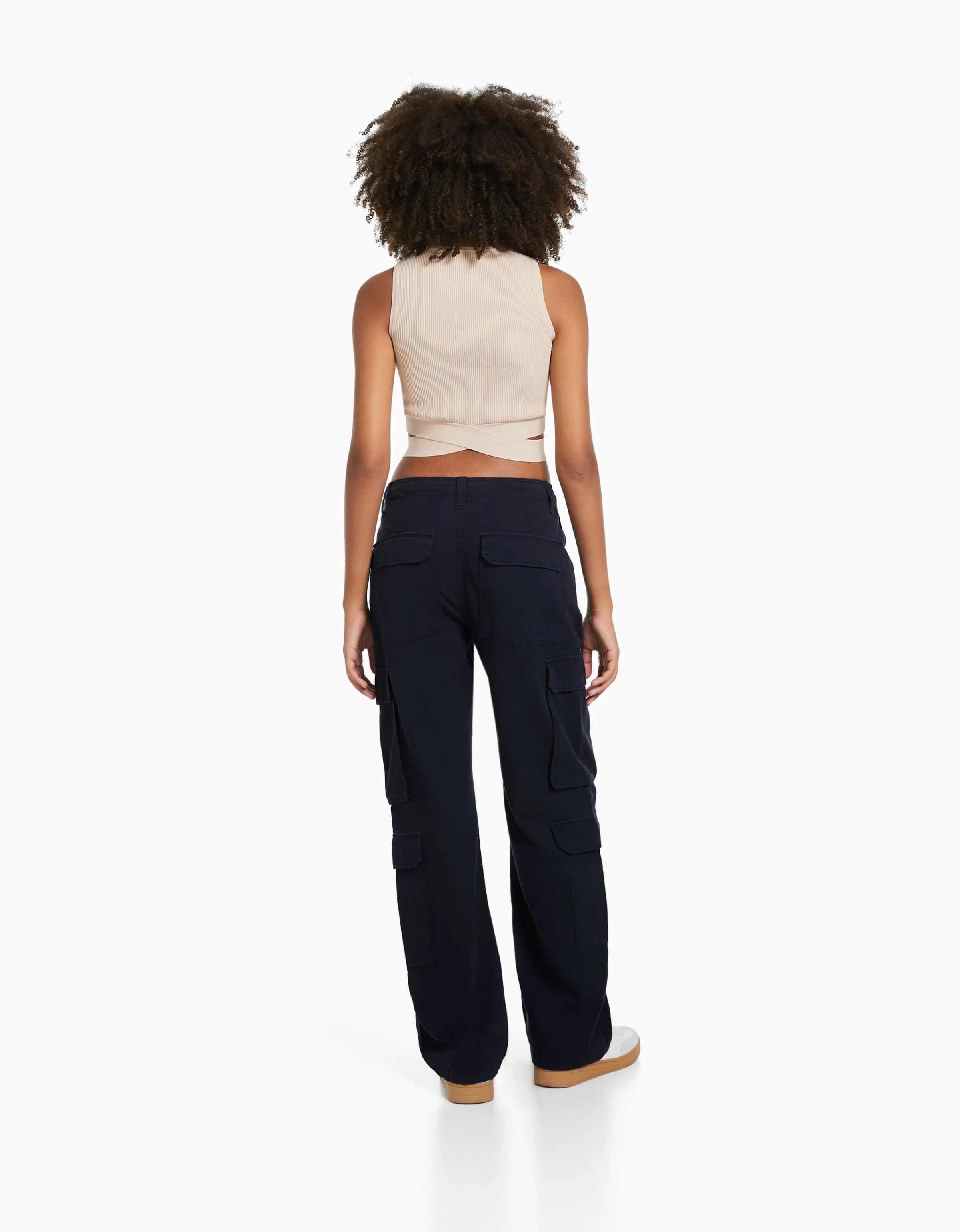 BERSHKA Pantalón cargo sarga multipocket ajustable Marino Outlet