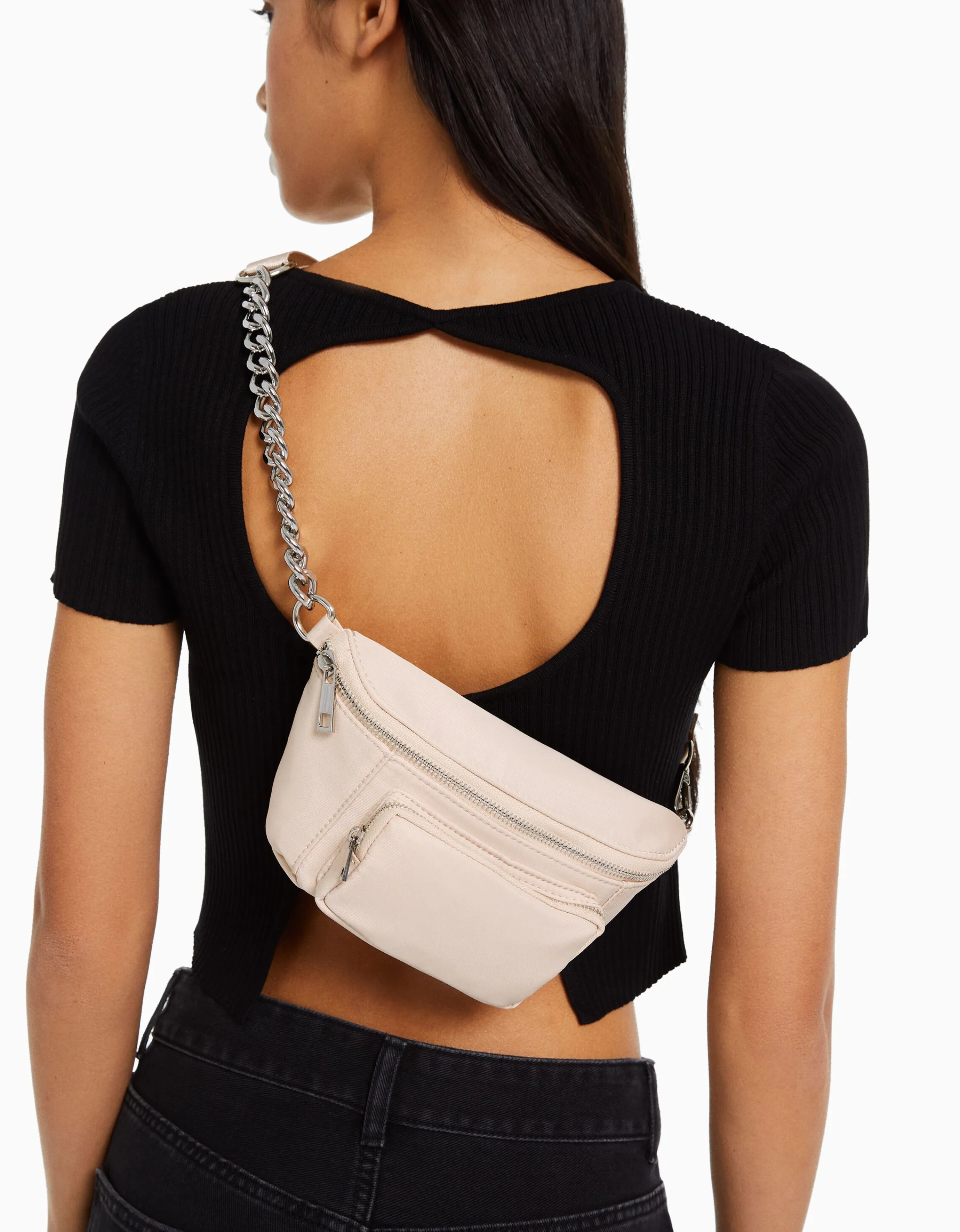 BERSHKA Riñonera tejido cremalleras Crudo Cheap