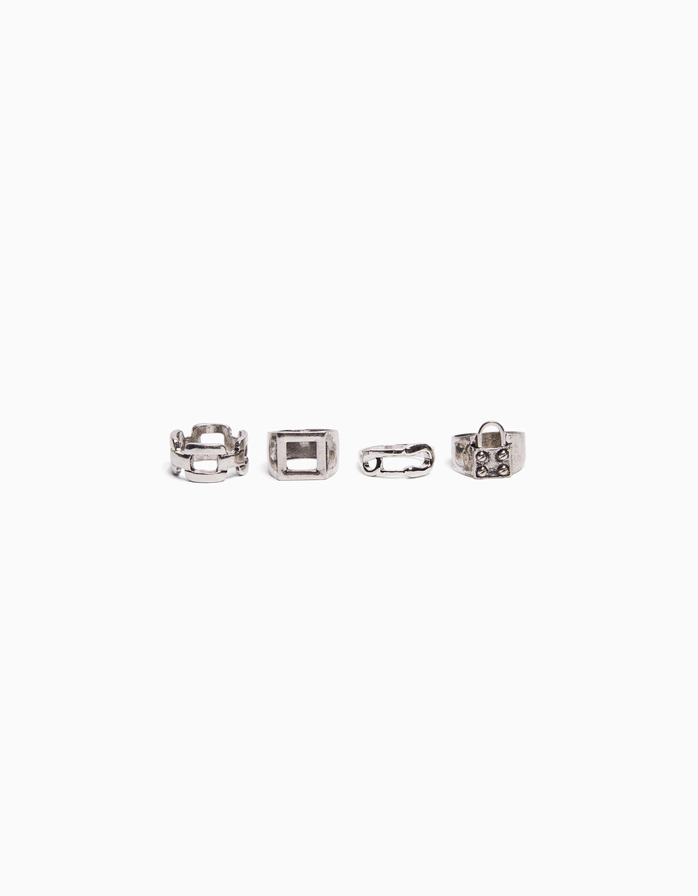 BERSHKA Set 4 anillos candado cadena Plata Cheap