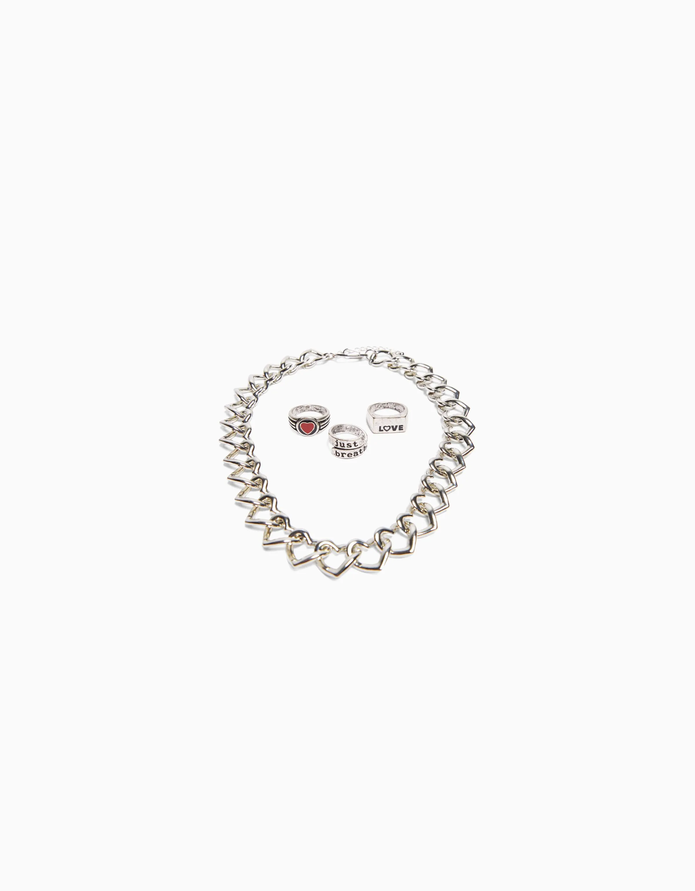 BERSHKA Set 3 anillos y collar Plata Hot