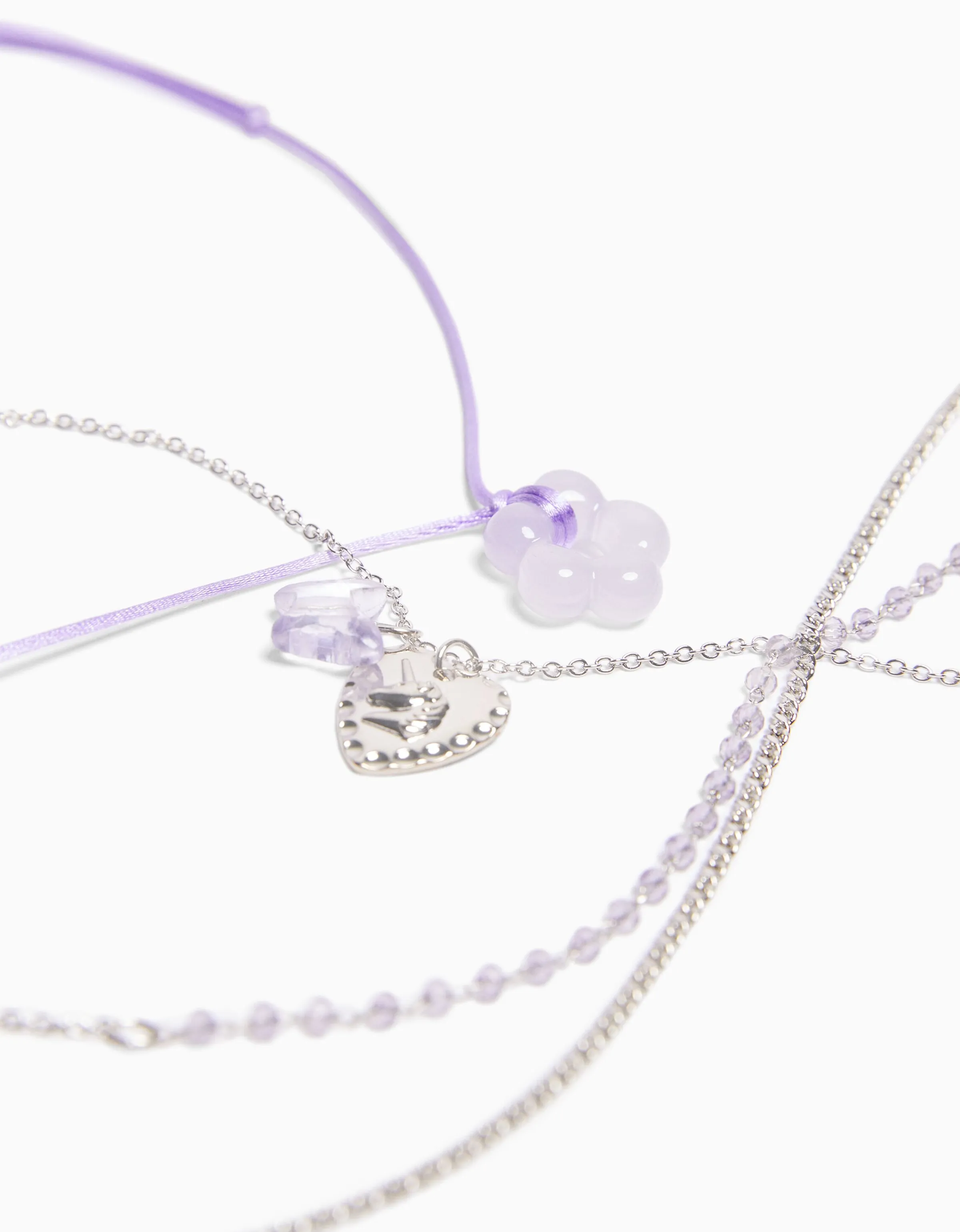 BERSHKA Set 4 collares cordón flor charm mariposa Plata Hot