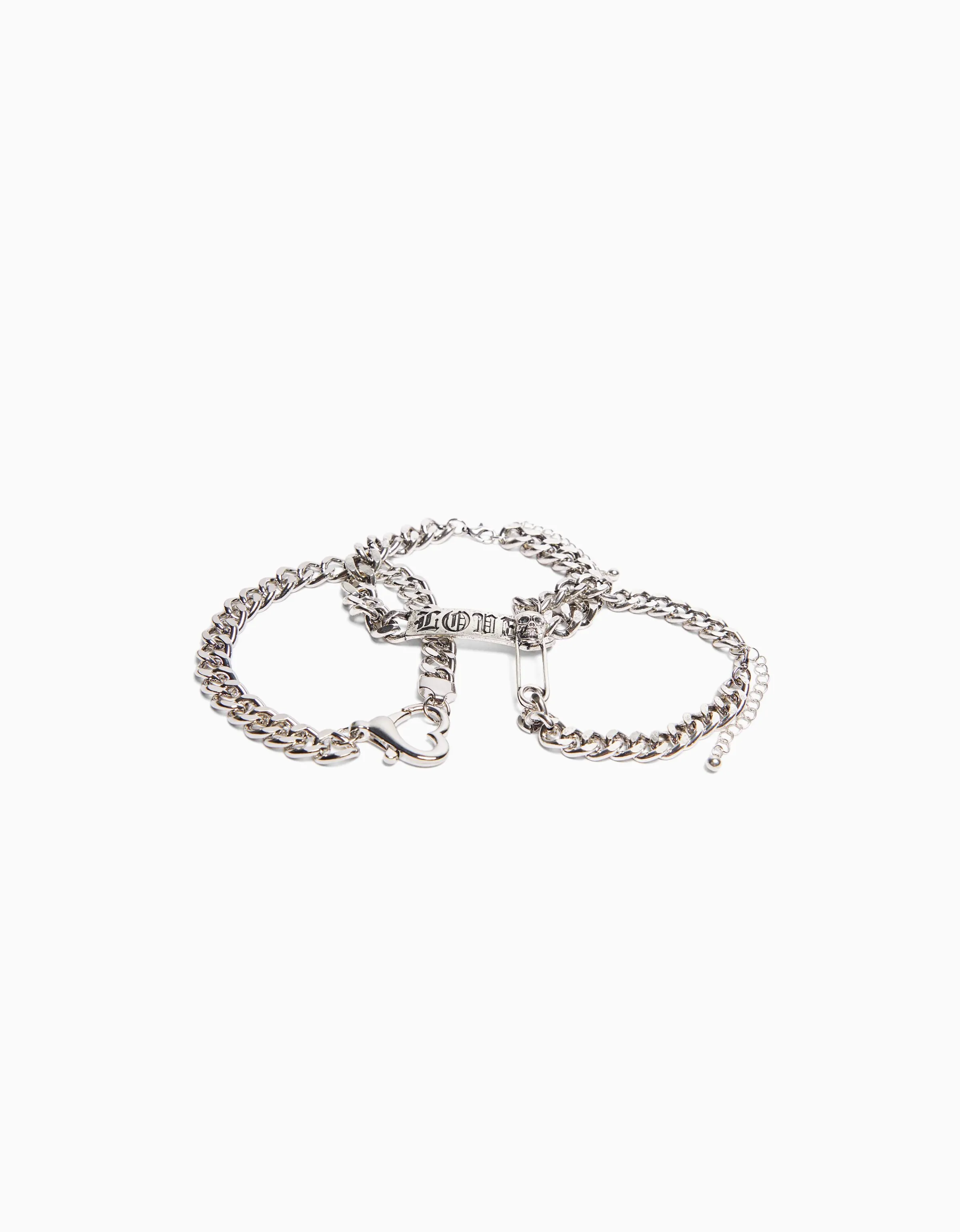BERSHKA Set 3 pulseras cadenas Plata New