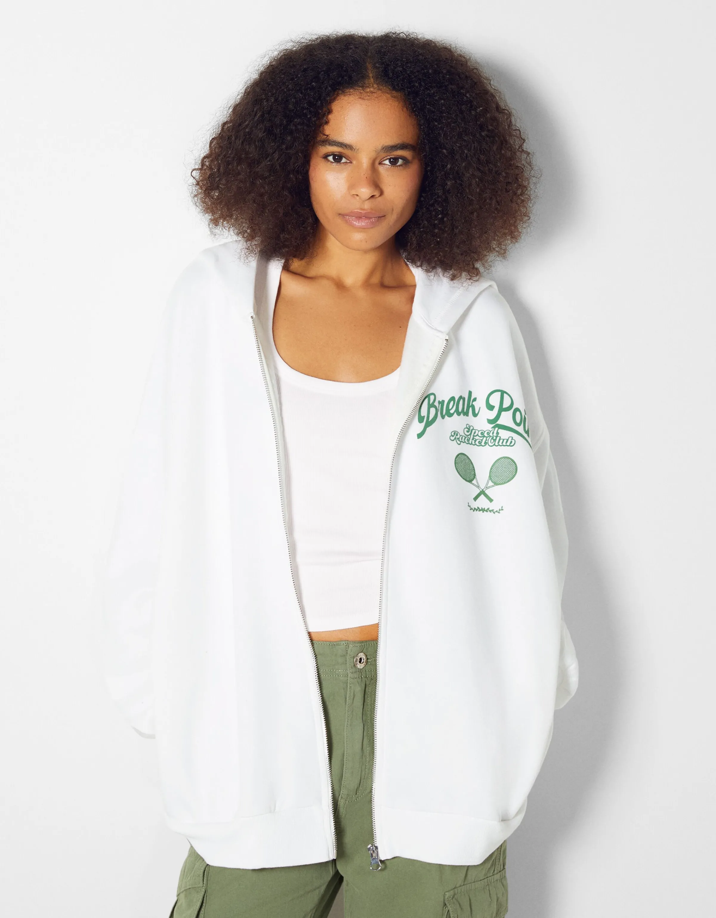 BERSHKA Sudadera capucha cremallera print varsity Marino Cheap