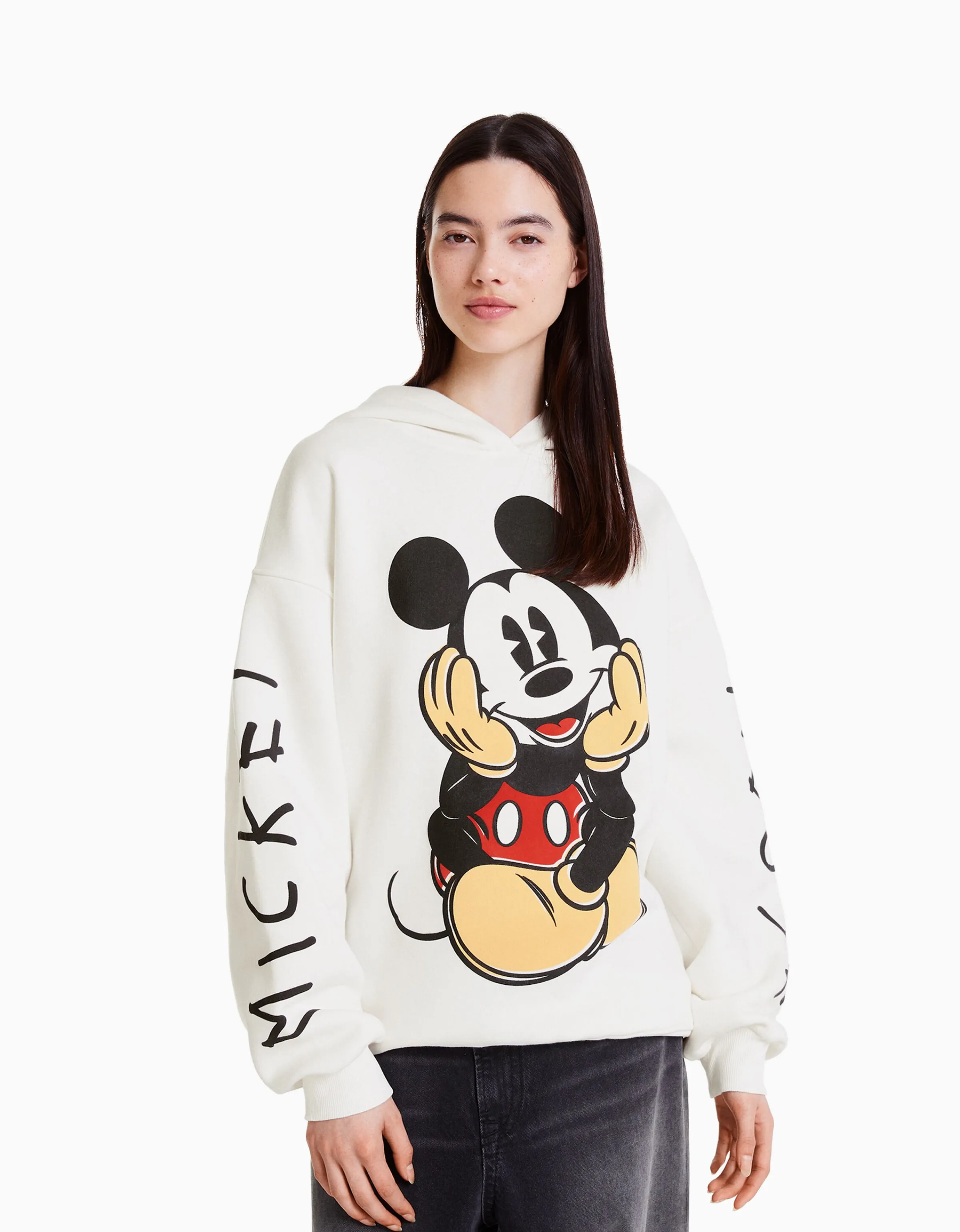 BERSHKA Sudadera capucha print Mickey Blanco roto Clearance