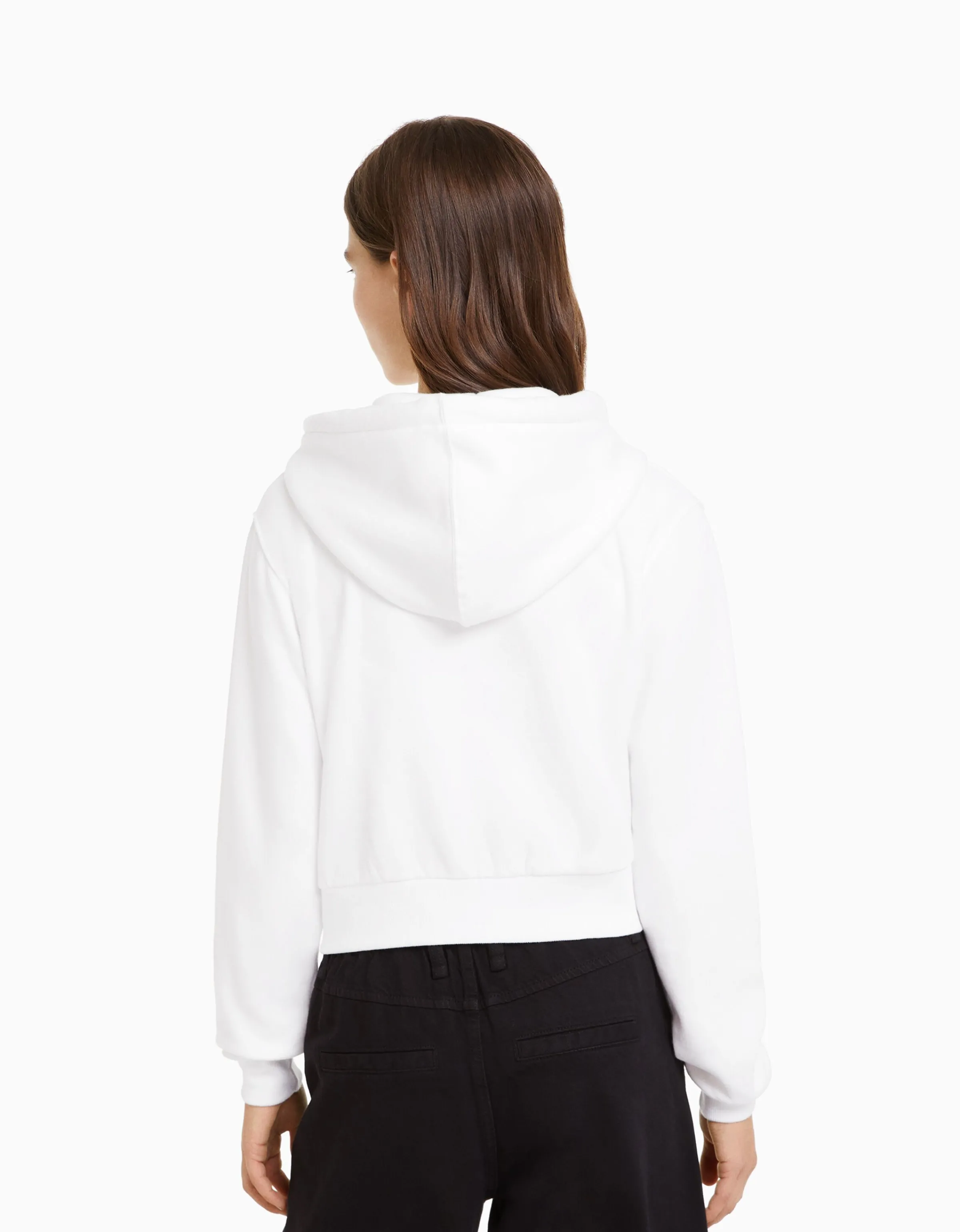 BERSHKA Sudadera cremallera capucha cropped Blanco Discount