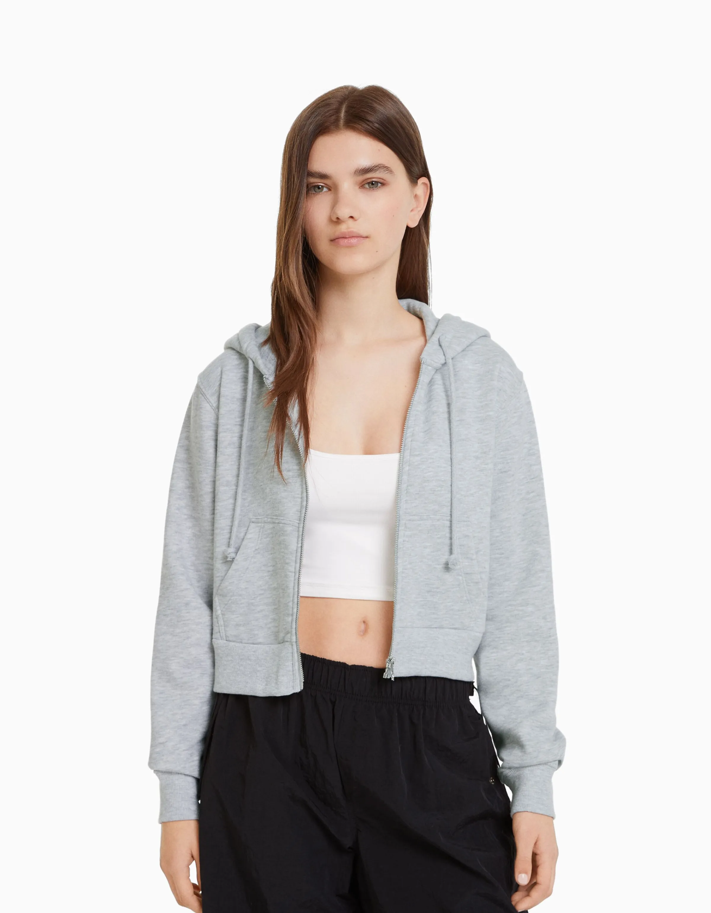 BERSHKA Sudadera cremallera capucha cropped Gris Fashion