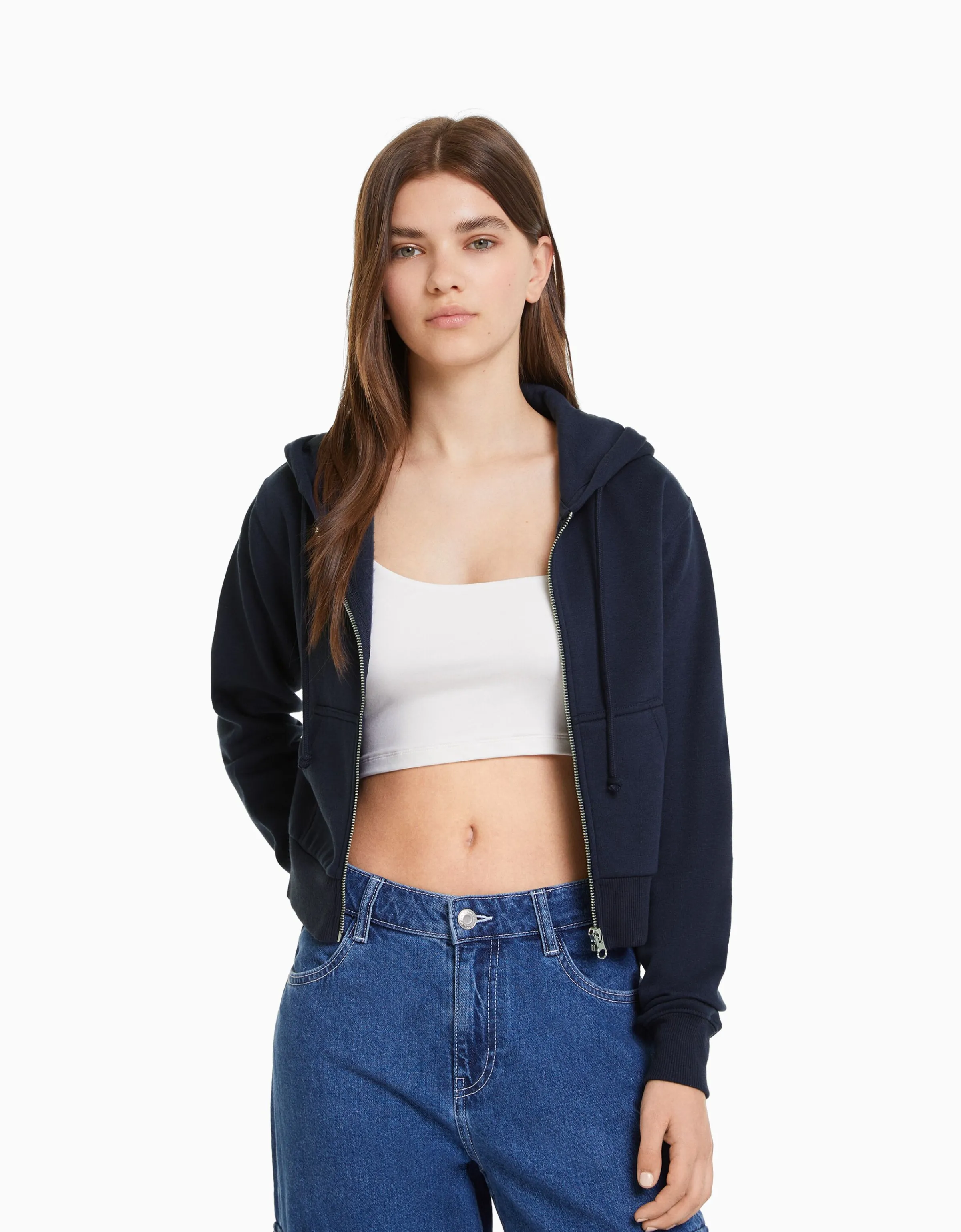BERSHKA Sudadera cremallera capucha cropped Marino Shop