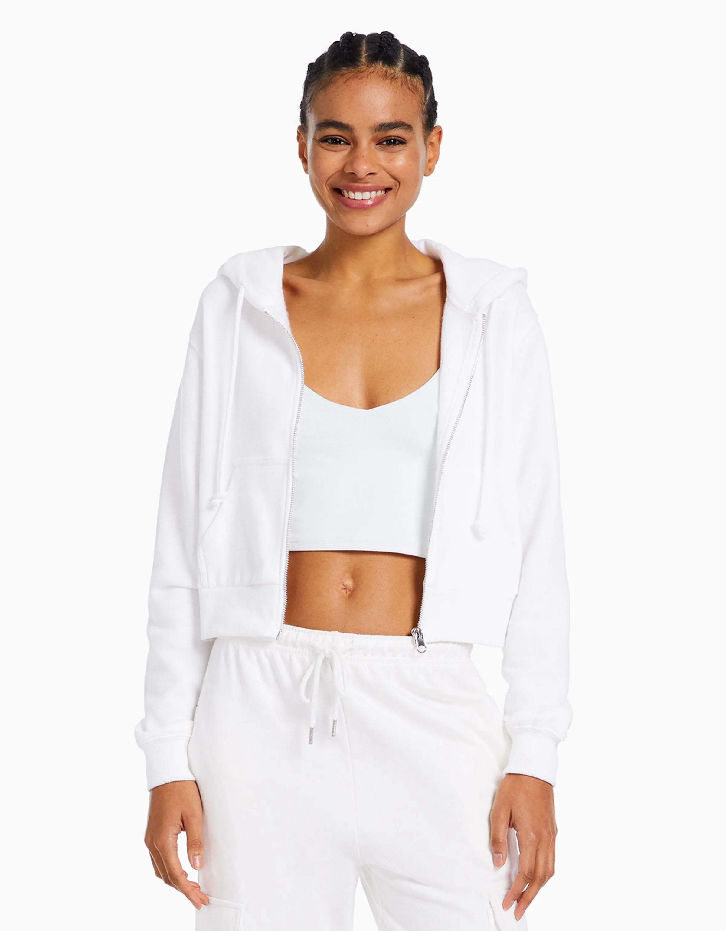 BERSHKA Sudadera cremallera capucha cropped Blanco Online