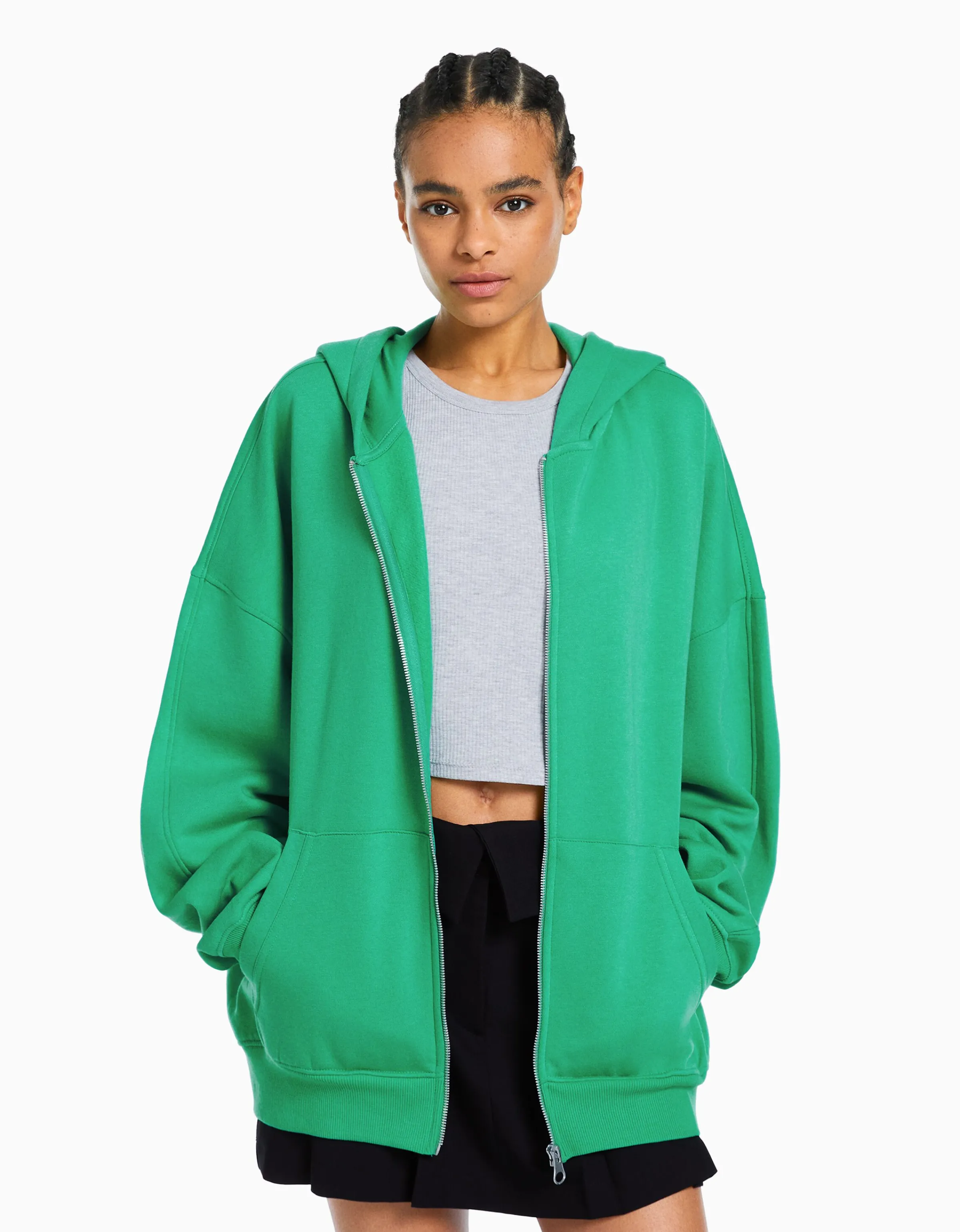 BERSHKA Sudadera cremallera capucha oversize Verde New