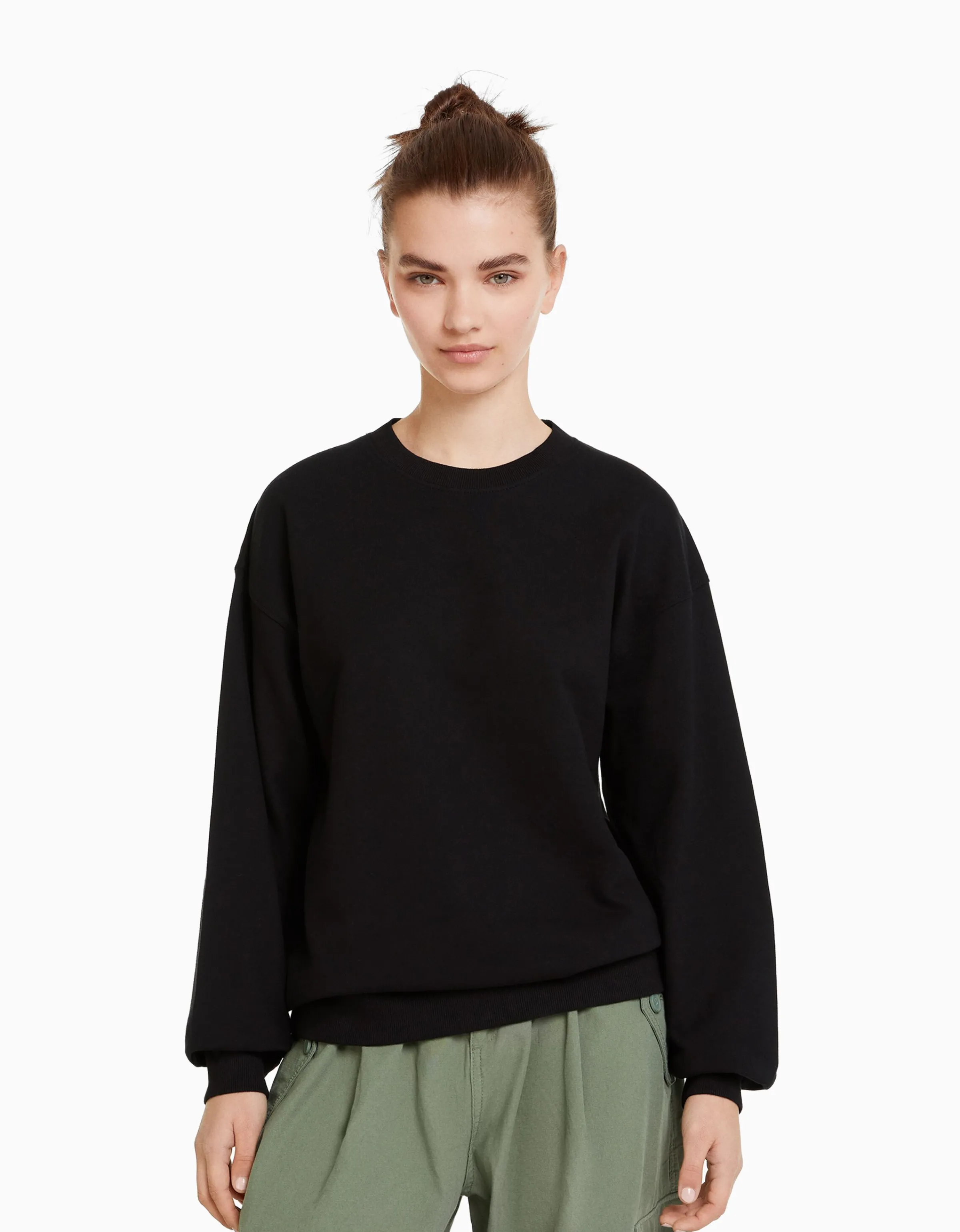 BERSHKA Sudadera cuello redondo Negro Discount