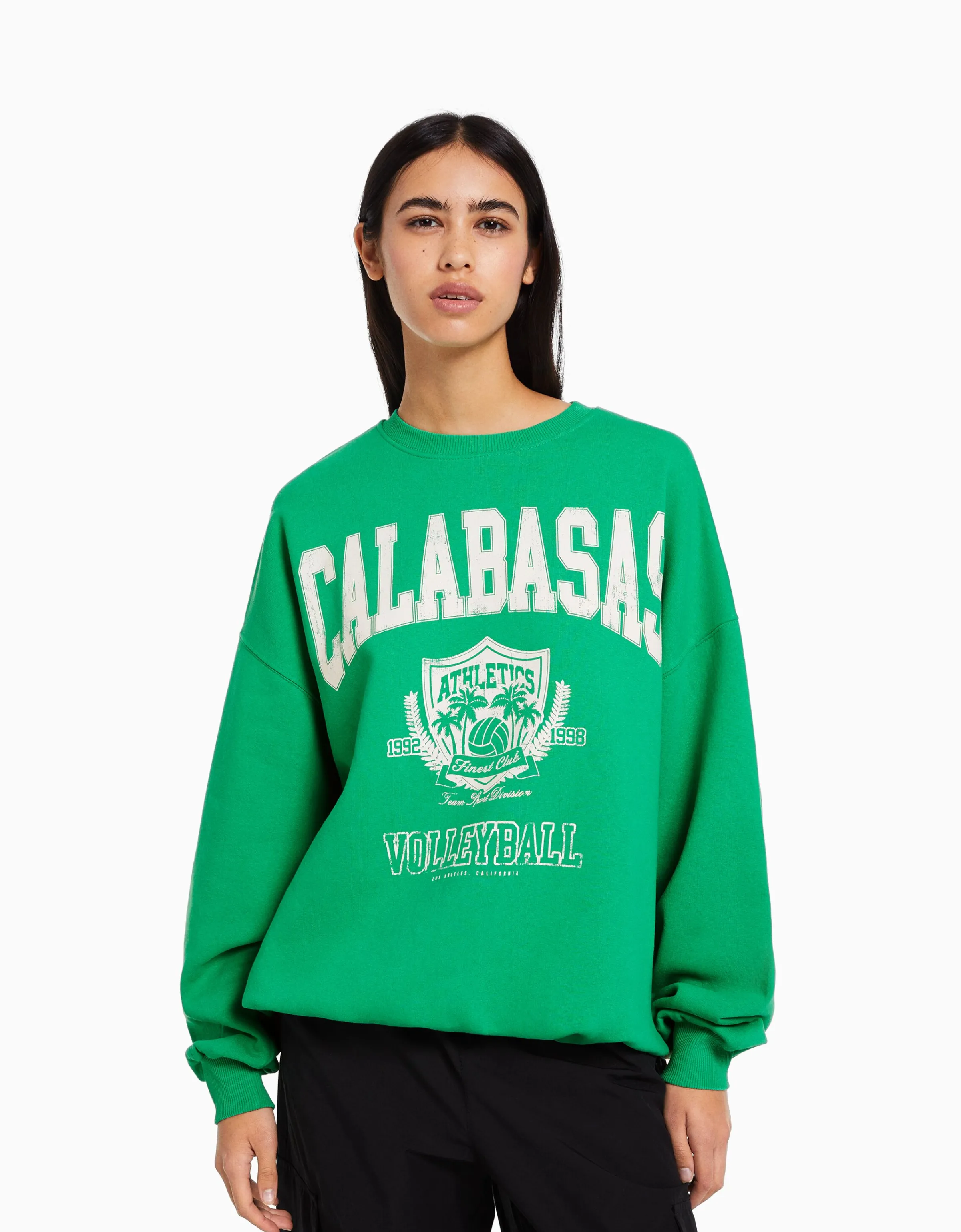 BERSHKA Sudadera manga larga print Verde Discount
