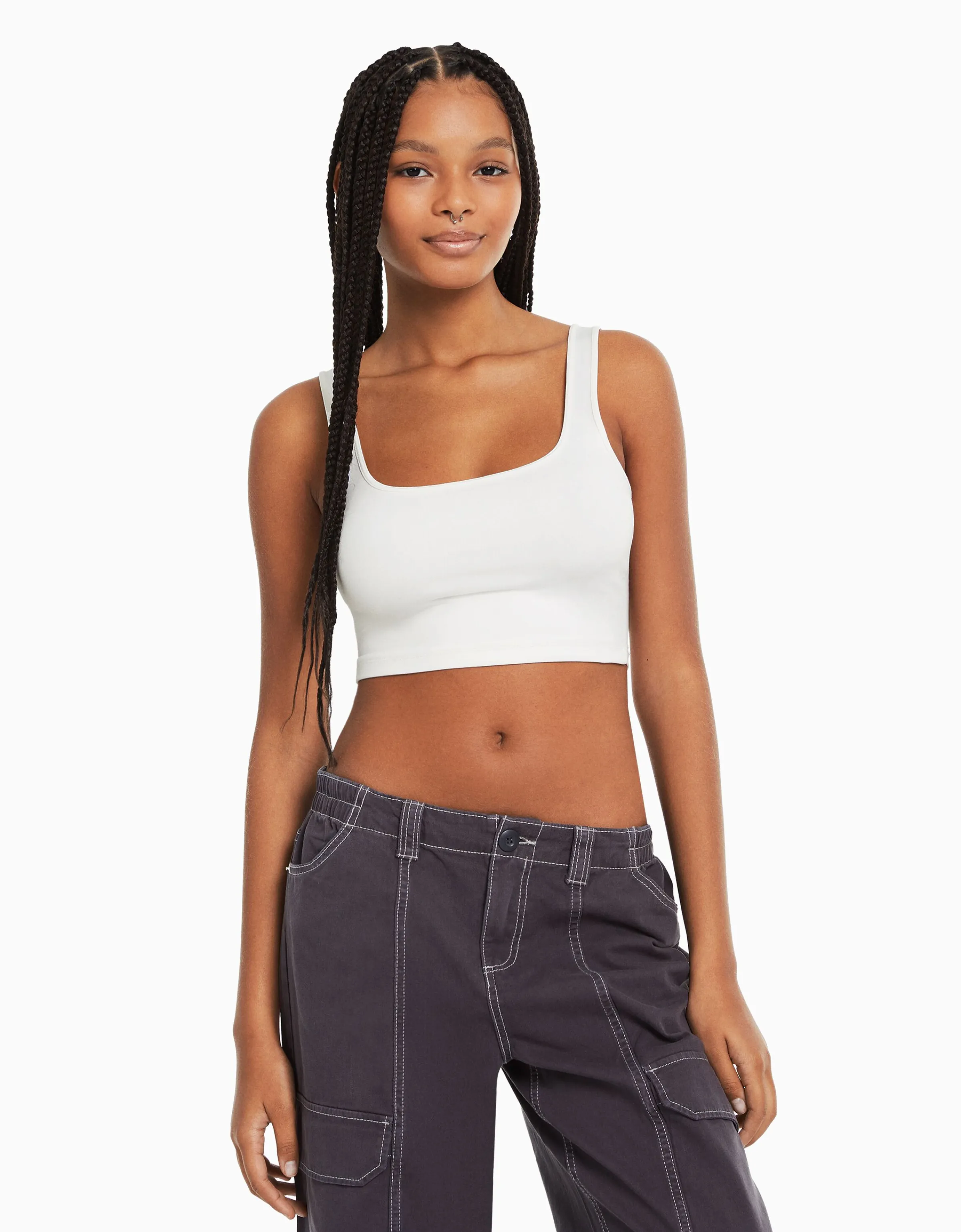 BERSHKA Top tirante ancho Blanco Store