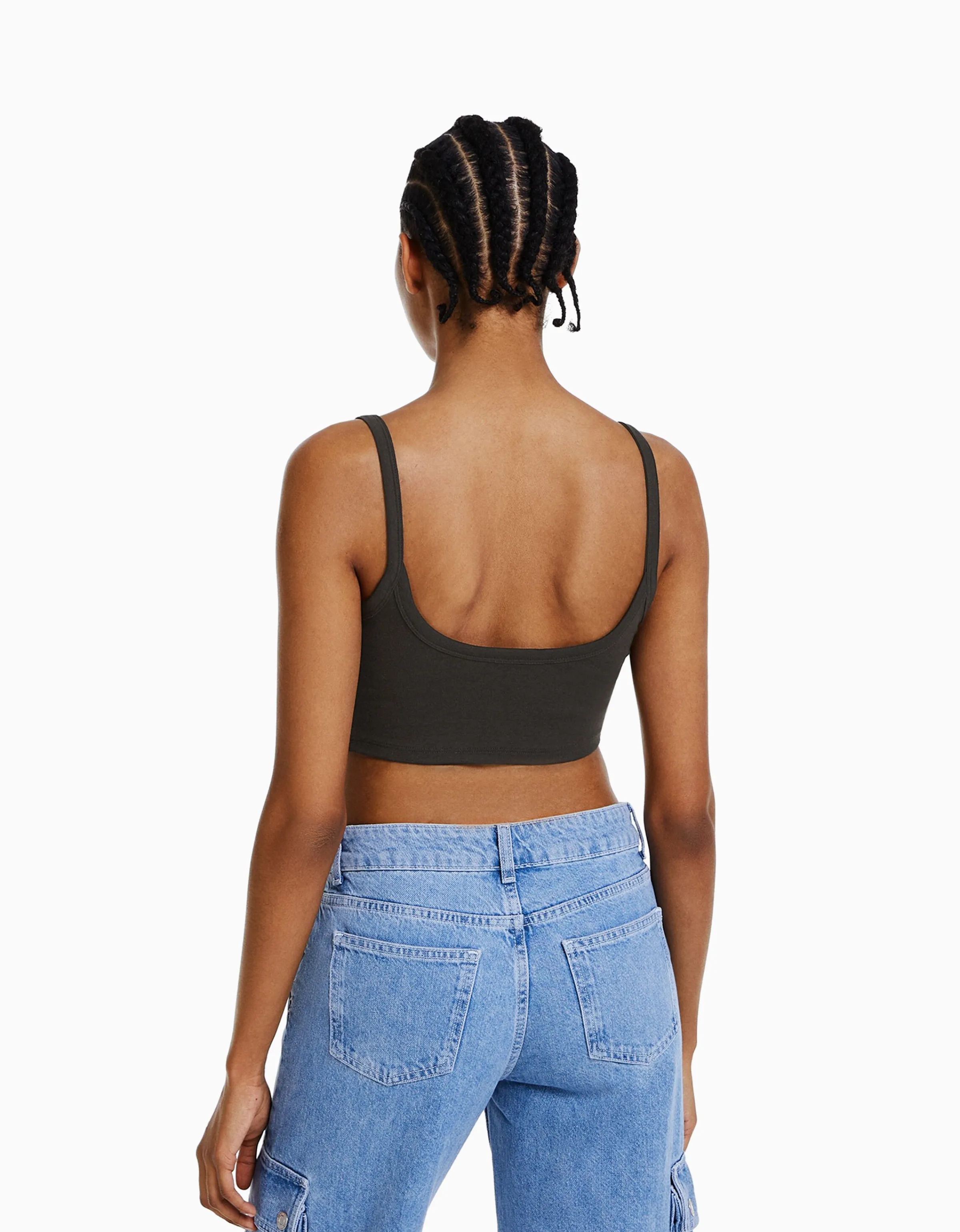 BERSHKA Top tirante ancho cropped Gris Sale